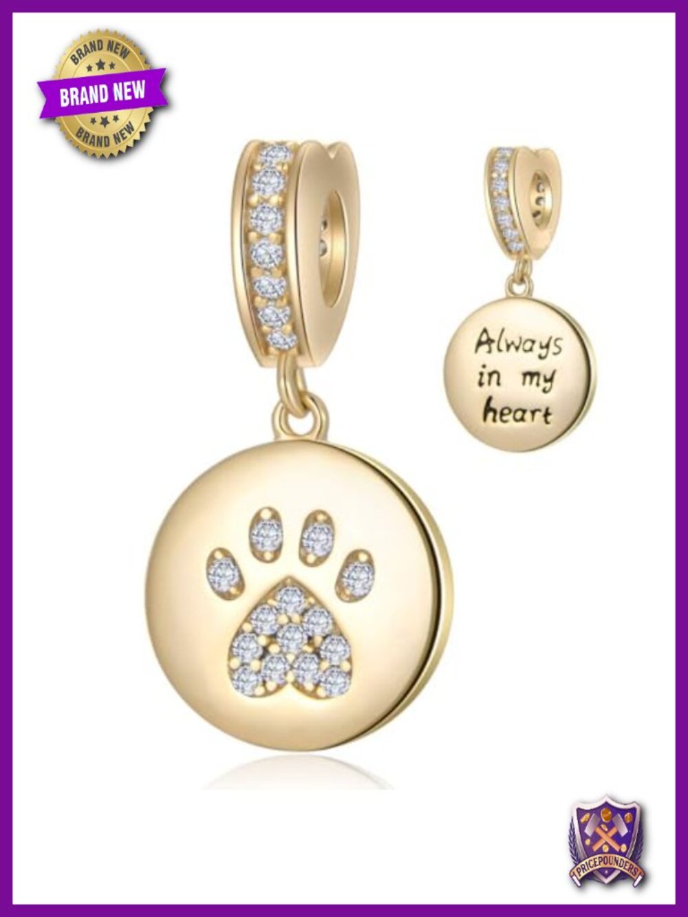 925 Sterling Silver Pave CZ Dog Paw Print Charm Bead, Gold Plated